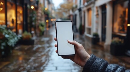 Hand holding mobile phone demonstrating the finger tapping on a blank screen for showcasing digital engagement