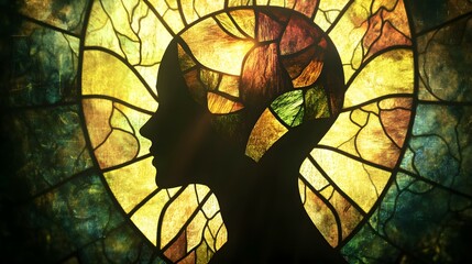 Silhouette of a head against a stained glass window with abstract patterns.