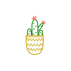 Blooming Cactus in Wavy-Patterned Pot: Line Art Illustration