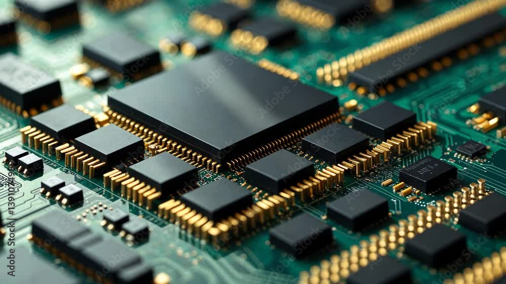 Poster close-up macro view of microchips and pins on cpu circuit board.