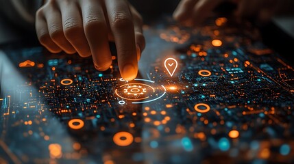 Finger Interacting with Digital Interface Displaying Circuitry, Location Pin, and Gear Symbol, Emphasizing Connectivity and Technological Navigation.