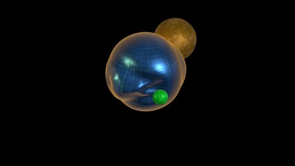 Two moons orbiting liquid planet. Tidal forces. Solid spherical objects gravitational pull, influence
on liquid sphere. Small balls orbit and deform larger one. 3d render illustration.