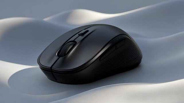 Modern wireless black computer mouse on a white background.