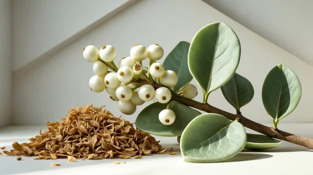 Dried mistletoe arranged in a bundle with leaves and berries sprig set against a backdrop. Used in herbal alternative medicine and mystical potions.