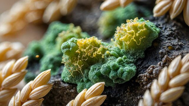 Close-up of mold on wheat grains.