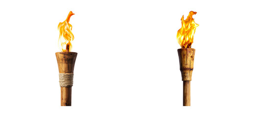 Two Wooden Torches with Flames at Night for Dramatic Lighting Effects