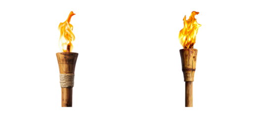 Two Wooden Torches with Flames at Night for Dramatic Lighting Effects