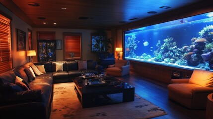 A Luxurious Living Room Featuring A Large Aquarium Display