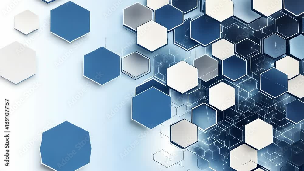 Poster a detailed illustration shows an intricate network of interconnected blue and white hexagons, symbol