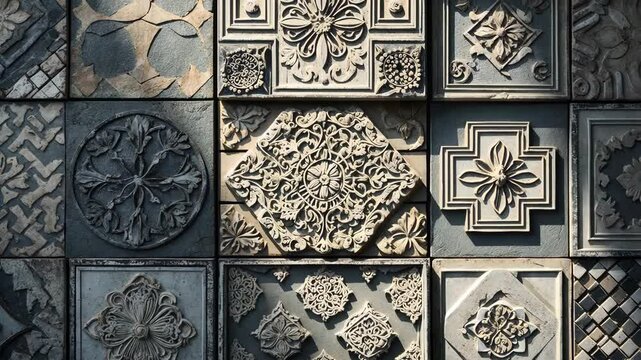 Worn geometric patchwork mosaic wall background with old gray vintage texture