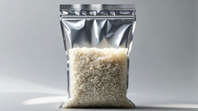 Rice contained in a transparent plastic bag placed on a white background.