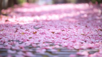 Pink petals path, spring park, sunlit, blurred background, romantic