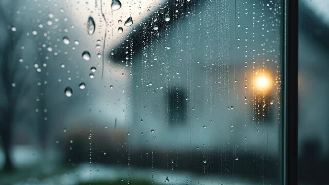 Footage of raindrops on misty glass inside with a winter scenery