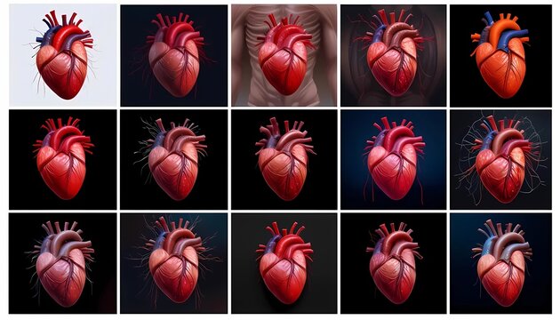 A collection of 12 high-quality 3D renderings of a human heart, showcased in a variety of lighting conditions (e.g., bright white, dark black, varied shades of blue, and neutral).