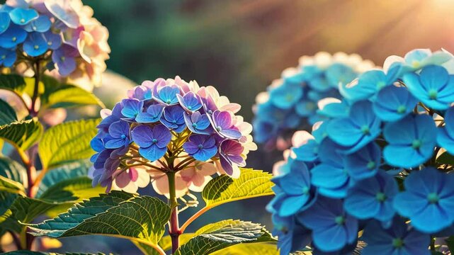 Beautiful hydrangea flowers blooming in a vibrant garden during golden hour light