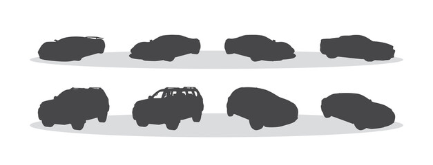 Silhouette cars on a white background. cars silhouettes with different poses isolated. old and new cars icons.