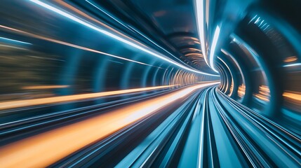 A futuristic hyperloop train racing through a high-tech sci-fi tunnel with logo space