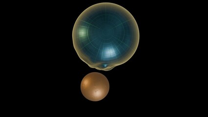 Two moons orbiting liquid planet. Tidal forces. Solid spherical objects gravitational influence on liquid sphere. Small balls orbit and deform larger one. 3d render illustration.