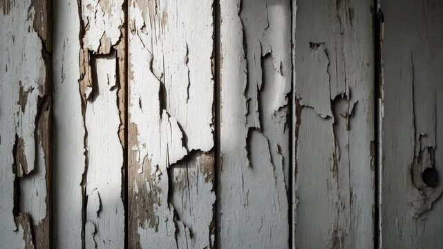 Weathered wooden floor or wall with rustic paint. Textured wooden planks. Peeling white paint featuring soft neutral muted tones.