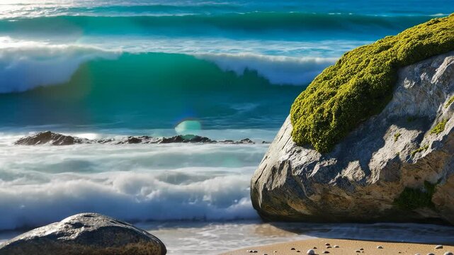 Waves crashing against rocks on a sunny day. White foam and blue water create a vibrant coastal scene.