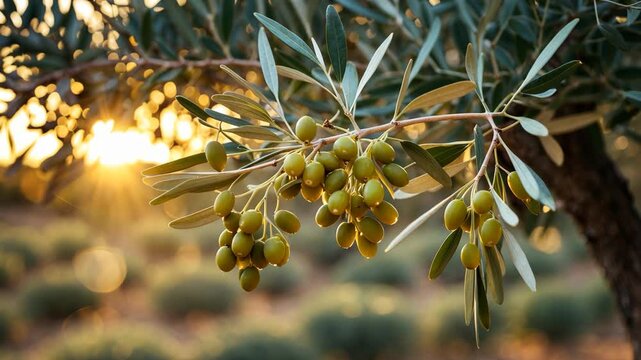 Sunset olive harvest highlighting olive oil in natural light, creative videos of olives, an ancient olive tree, and lens flare effects.