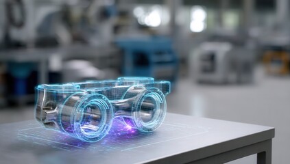 Holographic 3D model of mechanical part on table, futuristic workshop setting.