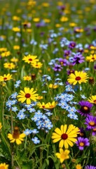 Fototapeta premium Vibrant blue forget-me-nots scattered amongst sunny yellow and purple wildflowers in a lush meadow, daytime, forget-me-nots