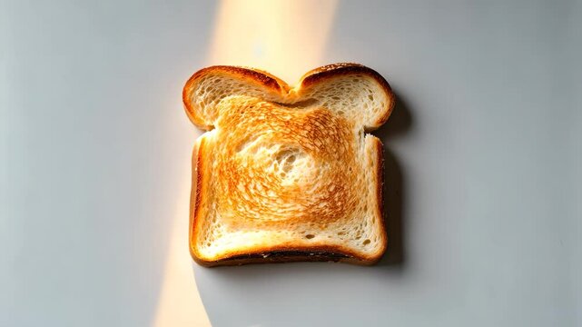 A slice of fresh toast bread positioned on a white background, seen from above.