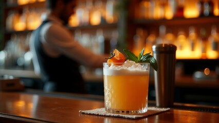 tall glass filled yellow colored drink wooden bar counter drink appears cocktail mocktail layer foam top sprig mint rim background bartender behind bar wearing black apron holding cocktail shaker bar