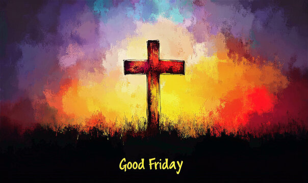 Colorful sunset background with a wooden cross silhouette and the text Good Friday, symbolizing hope and faith in the Christian tradition, spiritual reflection concept