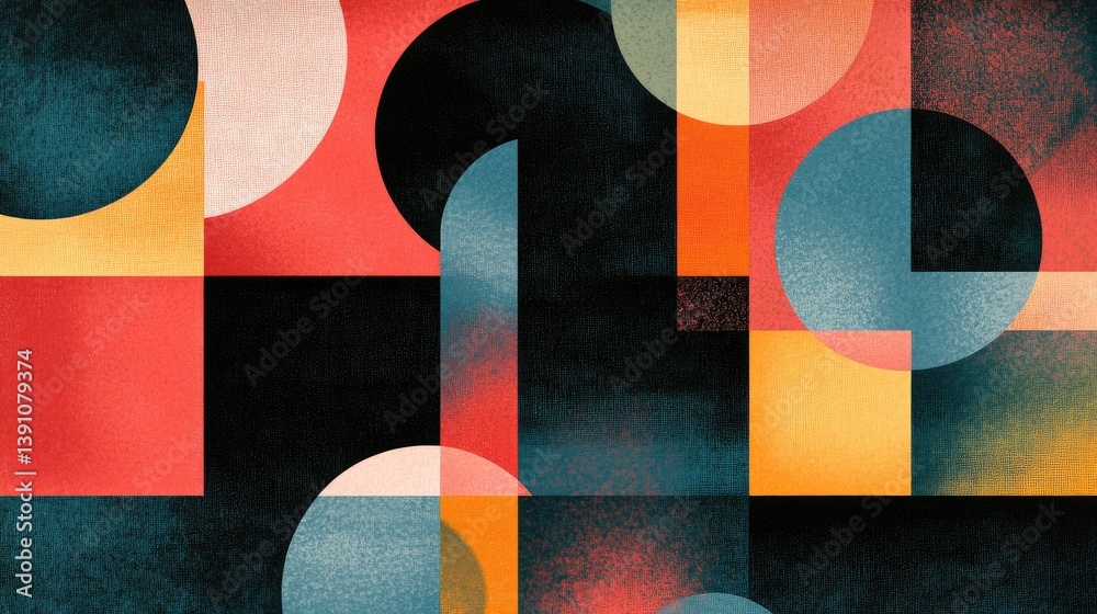 Poster an abstract background featuring a collage of intersecting shapes and gradients, creating a multi-di