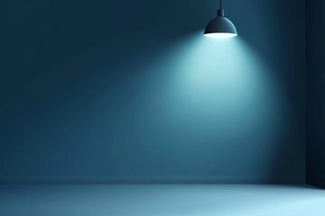 Empty room lit by a single hanging lamp.  A minimalist, dimly lit space with a focus on ambient lighting