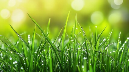 Fototapeta premium Dew-kissed grass shines against a bokeh background, lit by the sun's golden glow