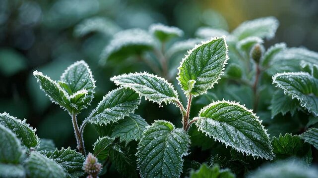 Close-up video of frosted nettle mint leaves with selective focus. High-quality footage.