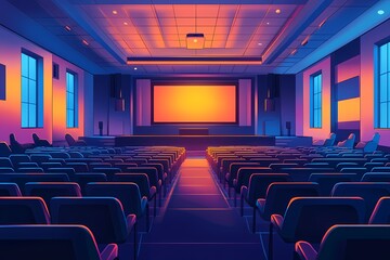 Naklejka premium Modern Cinema Auditorium Interior: Empty Theater with Colorful Purple and Orange Lighting