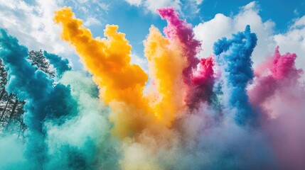 An artistic shot of smoke bombs releasing clouds of vibrant colors into the air during an outdoor event, with the colors spreading out beautifully.
