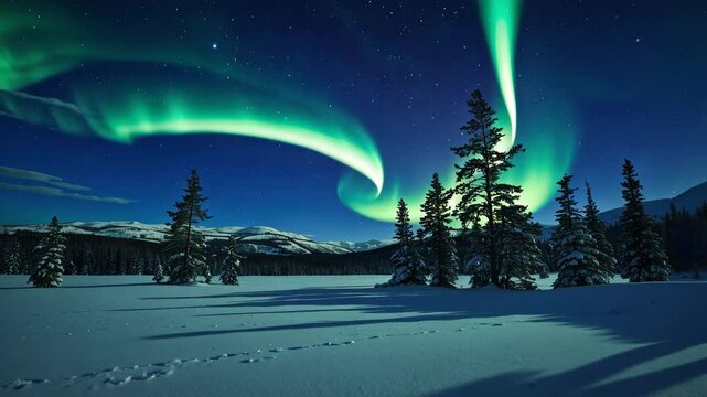 Winter night in a national park with the Moon and Northern Lights above snowy fells.