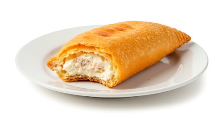 Flaky pastry filled with a creamy, savory filling, displayed on a white plate, highlighting texture and deliciousness. Perfect for a snack or meal.
