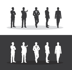 Set of Businessman character silhouette in different poses. Handsome man with beard wearing formal suit standing and walking. Vector realistic illustration isolated white