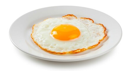 A single fried egg sits atop a white plate. The egg has a vibrant yellow yolk and a cooked white. Delicious and simple breakfast.