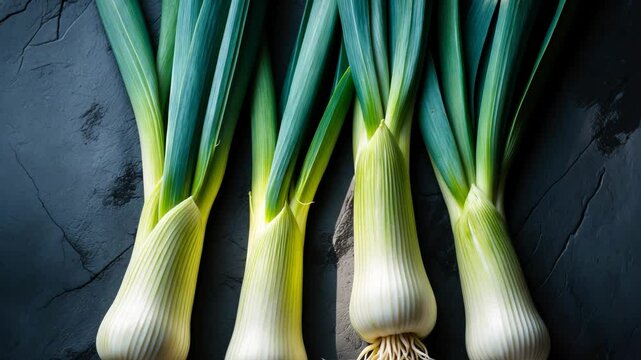 Aerial View of Whole Leeks on a Black Background Three leeks with foliage and roots