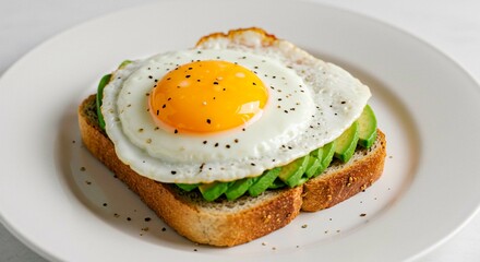 Open-faced sandwich: Toast topped with sliced avocado and a sunny-side up egg, seasoned with freshly cracked black pepper on a white plate.