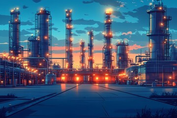 Industrial Refinery Cityscape: Vibrant Skyline and Illuminated Architecture at Dusk