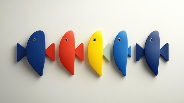 Colorful fish toys swim in a row on white background, suitable for children's products