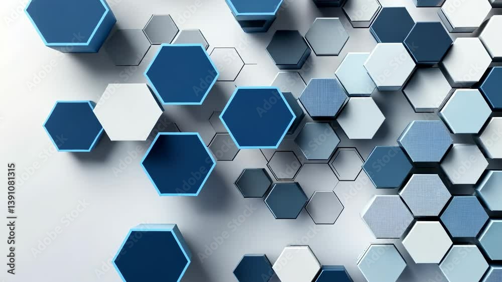 Poster Close-up of abstract design featuring network of interconnected hexagons in varying shades of blue, grey, , white. The design conveys sense of modern connectivity , technological sophistication.