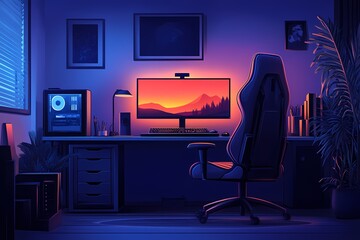 Modern Workspace Setup: Sleek Gaming Desk with Ambient Lighting and Contemporary Decor for Remote Working and Digital Art
