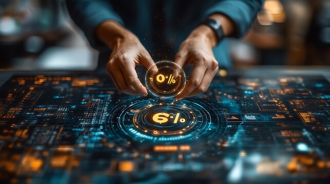 Hands Interact with Glowing Digital Interface Displaying Percentage Data and Futuristic Technology Elements.