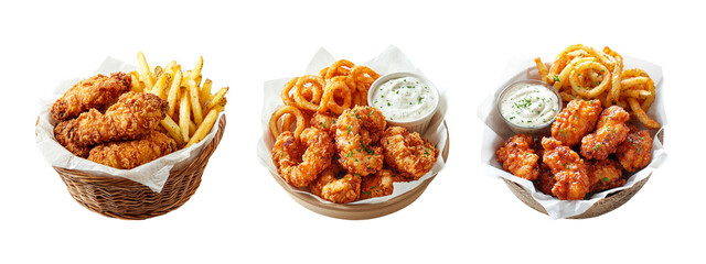 Obraz premium Crispy Chicken Tenders with French Fries and Onion Rings Served Fresh