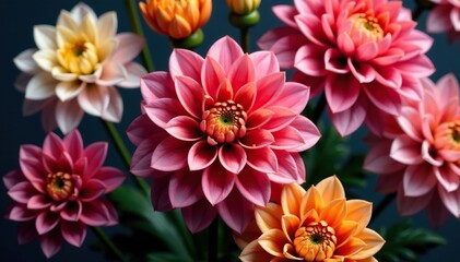 Intricate dahlia blooms, vibrant colors, lush petals, design element, petals, colorful