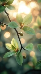 Delicate willow branches with fresh green leaves, soft pastel flowers in the background, warm sunlight filtering through, serene and peaceful atmos